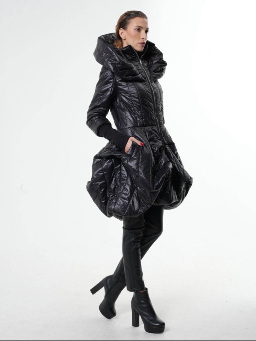 Extravagant Sculpted Puffy Coat In Black by METAMORPHOZA - Picture 8 of 9